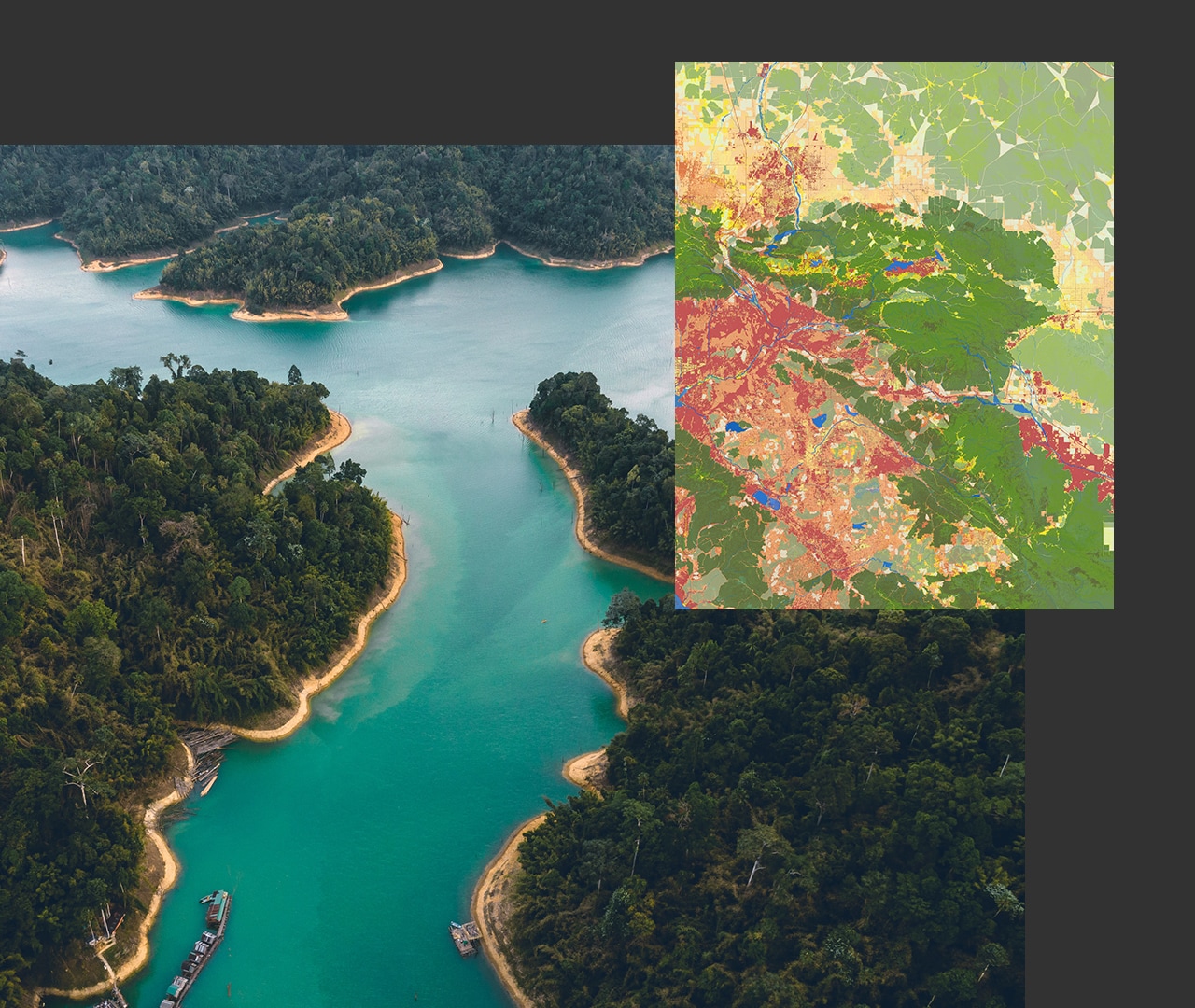 Baumbestandene grüne Inseln in einem blauen Meer, daneben eine digitale Karte