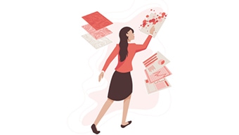 An illustration of a woman touching a map and snippets of graphs and data around her