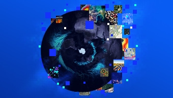 An abstract image of a black circle on a blue background with snippets of maps and digital images