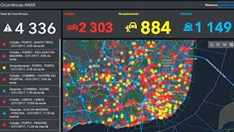 A digital dashboard with a map in the middle with yellow and red data points and numerical data on the top and right side