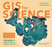A beige book cover of GIS for Science showing a teal land mass