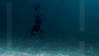 A diver wearing a black wetsuit and fins diving towards the ocean floor
