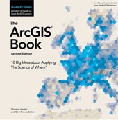 A white book cover of The ArcGIS Book with an abstract gray and blue geometric pattern