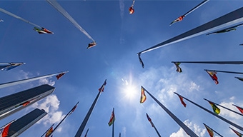 A view from the ground of tall flagpoles with flags of the United Nations