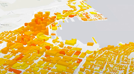 A screencap from the featured videos showing a 3D model of a coastal city in orange on a white background