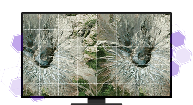 A graphic of a computer monitor displaying two images of the interior of a dormant volcano, mirrored side by side