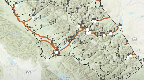 A screencap from the featured video showing a route map in red on a beige background