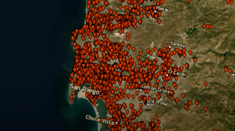 A screencap from the featured video showing a concentration map of a sparsely-populated region in red points