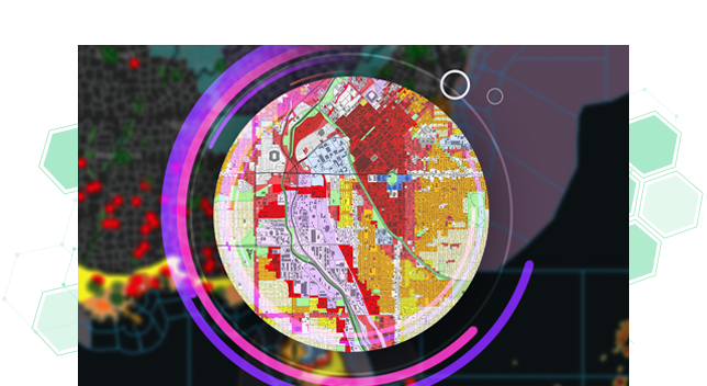 A city map with areas shaded in red, orange, and pink against a black background, overlaid with a graphic of concentric pink circles