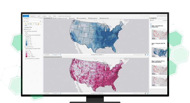 A graphic of a computer monitor displaying two concentration maps of the US side by side, one in blue and one in pink