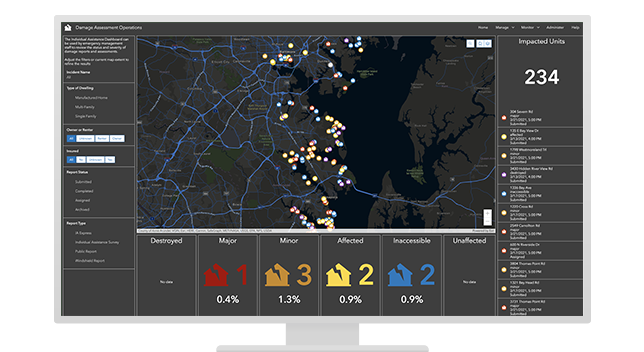 Emergency management software shows community map of where hazards have occurred, severity levels, and units impacted