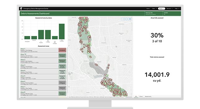 Debris assessment dashboard on emergency management software with map, graph, and table showing assessment progress