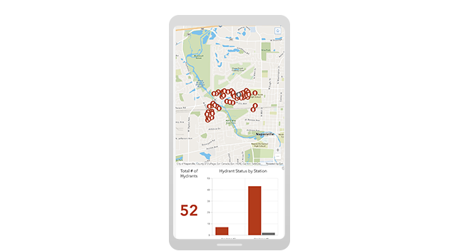 Fire solutions dashboard on mobile displays map of fire hydrants with graph showing hydrant status by station