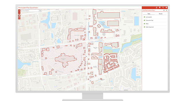 Pre-incident plan coordinator in fire software shows city map with prepared buildings outlined in red