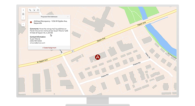 Land records software displays map with selected address, comments, and contact information