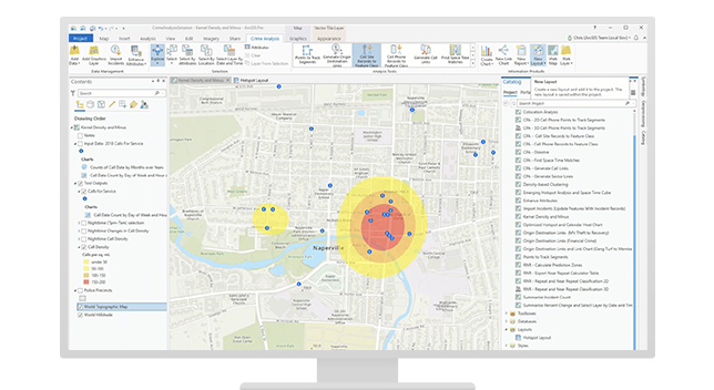 Law enforcement software shows map of police response incidents with hotspots showing areas where response rates are rising.