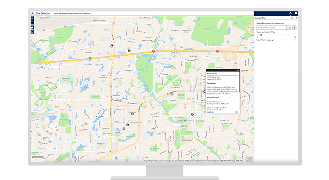 A city map on a computer screen shows available locations for new businesses with details about the property and surroundings
