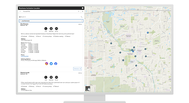 A digital map of local businesses provides details like address, hours, and contact information