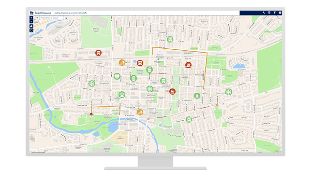 A city map shows local road closures and icons representing public reports of incidents or obstructions.