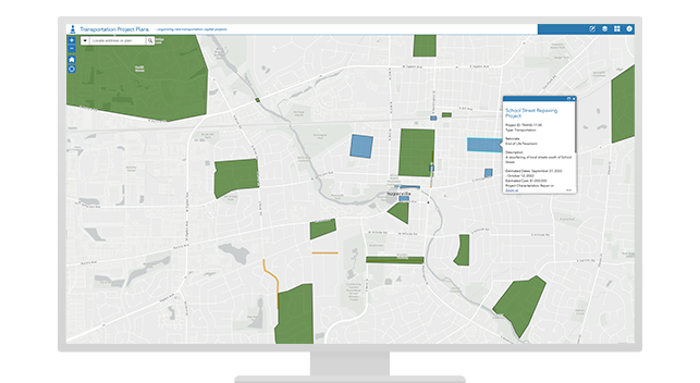 A digital map of transportation project plans shows blue and green areas to identify different project types.