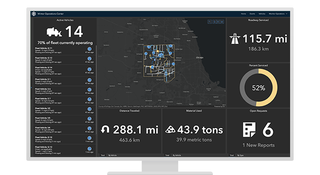 A dashboard shows information about a city’s road maintenance vehicles, including a map of vehicle locations and performance metrics.