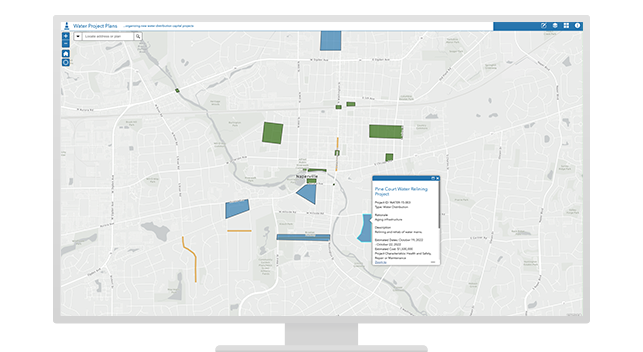 A digital city map shows areas where water projects and assets are located.