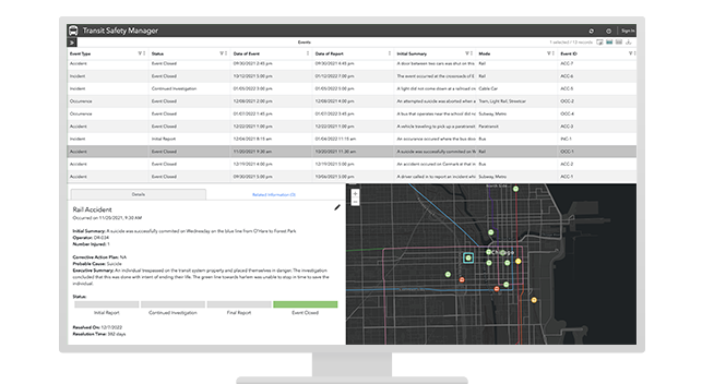Public transit software displays a transit safety management dashboard with a map of recent incidents