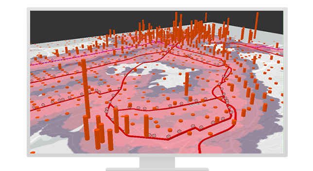A 3D map shows red pillars that are higher in areas where there is growth in transit infrastructure and ridership 