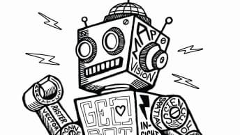 Drawing of the upper portion of a square robot with one arm raised; the words Geo Bot on its chest Map Vision on its head