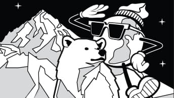 Globie character with dark glasses looking at the horizon in the mountains, with a polar bear alongside 