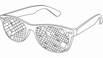 Three-quarter view of a pair of glasses, the lenses showing portions of a map