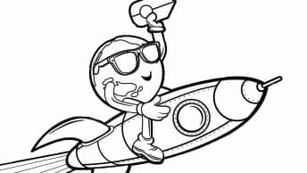 Globie character riding a rocket ship, one arm raised