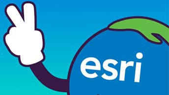 Upper portion of Globie character’s head with the word Esri, hand held up with two fingers making a V sign