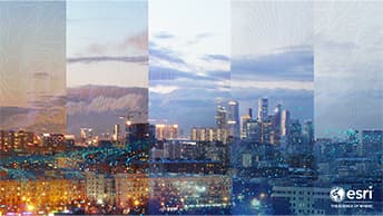 Collage of city skylines in five sections, overlaid with data points