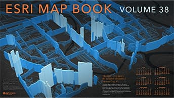 Map and the title Esri Map Book Volume 38, with small orange monthly calendar for July through December 2023 on the lower right