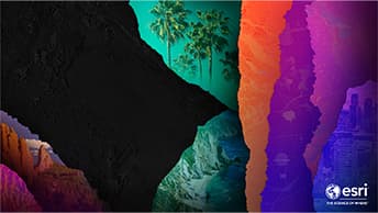 Collage of map elements in vertical slices of black, green, orange, purple, pink, and blue
