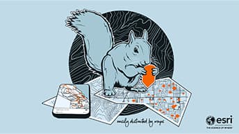Drawing in blue of a squirrel holding an acorn against a round map, with flat maps underneath and a map on a cell phone