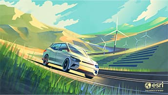 Stylized drawing of a car driving past mountains, a wind farm, and a solar array, with wispy clouds above