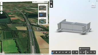 A application interface on the left showing a satellite map and 3D imagery of an object on the right
