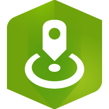 A hexagonal icon of a map point on a grass green icon