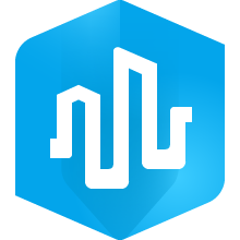 A hexagonal icon with a simple outline of skyscrapers against a sky blue background