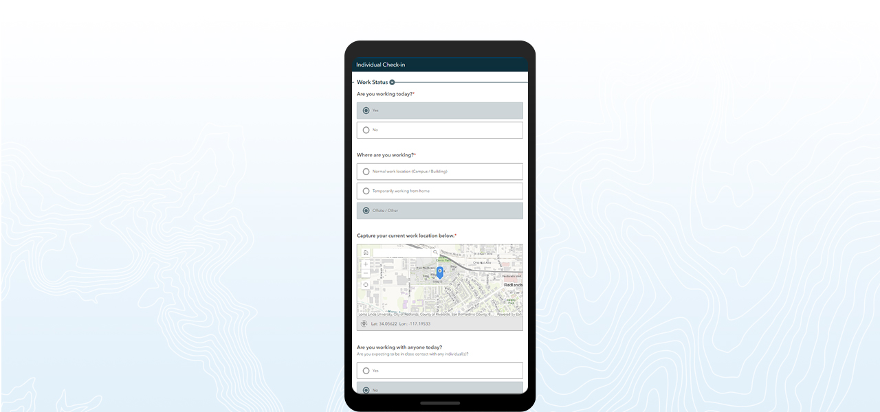 Mobile device showing a survey software for reporting worker status