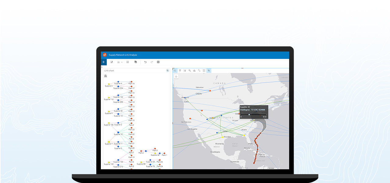 Software showing a map and supply chain analysis