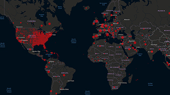 Global map showing locations of COVID-19 cases