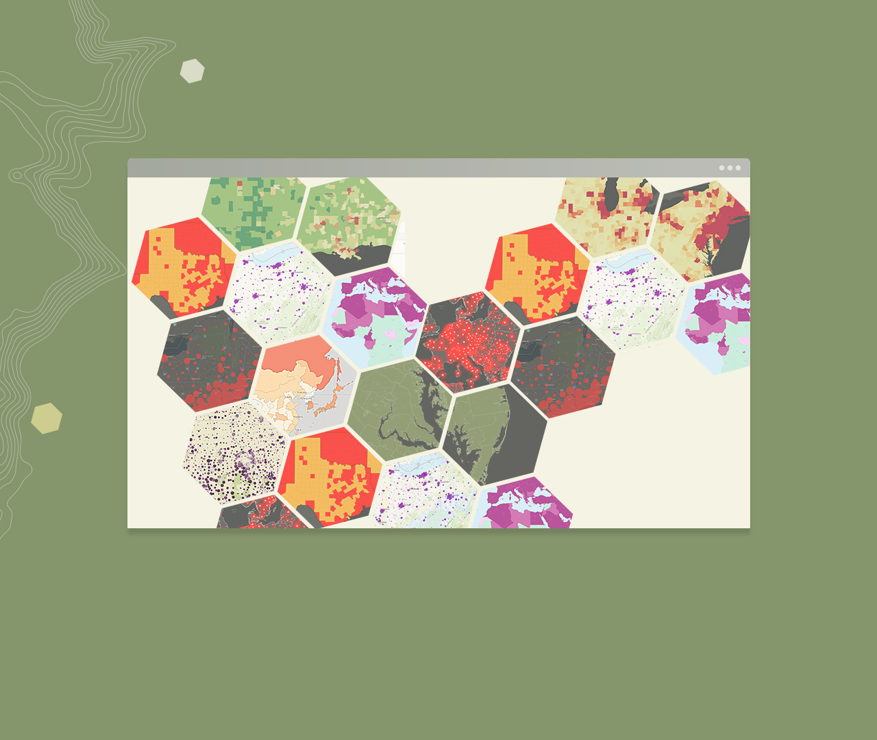 Colorful map hexagons with varying map scenes