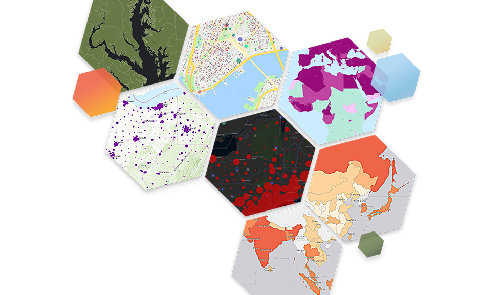 Hexágonos coloridos com cenas do mapa