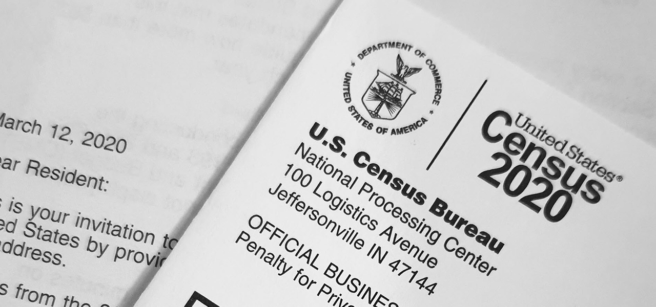 A close up of US Census 2020 paperwork that displays the agency’s logo and address