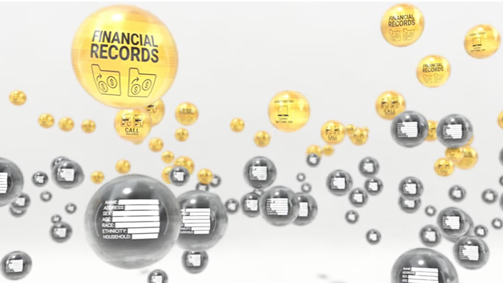 A graphic displaying multiple yellow and grey 3D bubbles with icons enclosed in them, one titled “financial records” and the other showing demographic charts