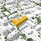 A white 3D city map with one building highlighted in yellow