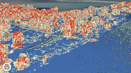 Lidar data shown in ArcGIS Pro in colors of yellow, red, and blue